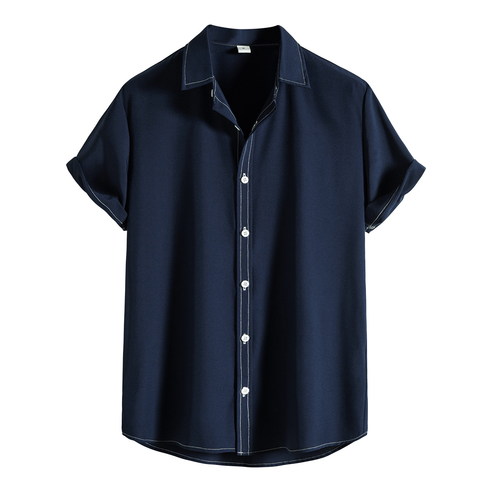 thumbnail image 2 of Camisa de manga corta con cuello vuelto y color liso para hombre, primavera/verano - Prenda informal de poliéster para el trabajo/el día a día, 2 of 8